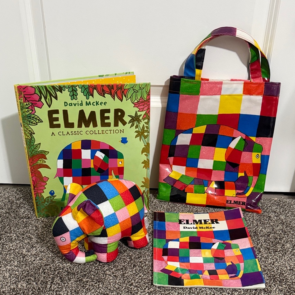 Vintage Elmer The Patchwork Elephant Stuffed Toy, Book, and Bag Set